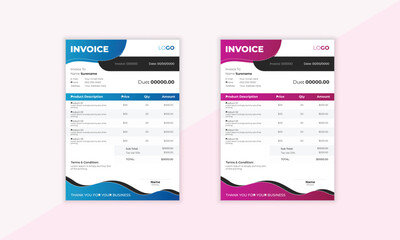 Modern and unique Invoice design template. Bill form for business invoice accounting.