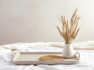 Fototapeta na wymiar Serene Elegance: Uncover the Artistic Beauty of a White Bed Tray Adorned with Dried Grass Generative AI