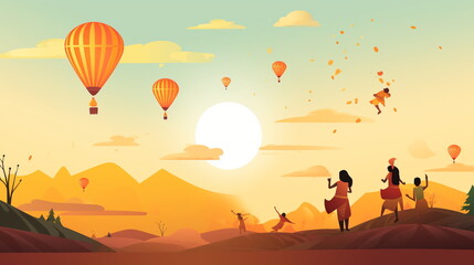 Colourful vector drawing of a group of people celebrating the Makar Sankranti festival with a kite.