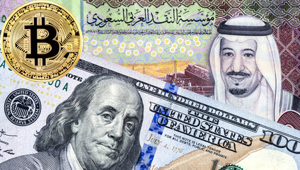 American dollars banknote with Benjamin Franklin and Saudi Arabia banknote with King Salman. Business concept of the exchange rate, stock exchange, trading
