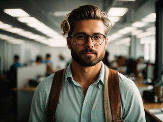 Obraz premium portrait handsome hipster man with pigtail entrepreneur in a very clear office. Generated by AI