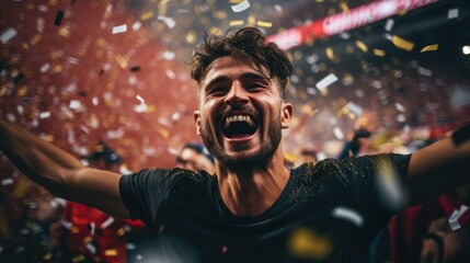 Football fan celebrates victory. Confetti and blurry football stadium - obrazy, fototapety, plakaty