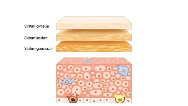 Skin epidermis structure. Skin anatomy. Cross section of the epidermis with text 2d animation