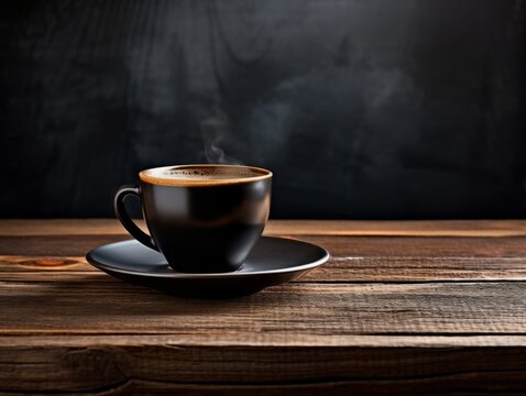 Indulge in the Rich Aroma: Close-Up of Black Coffee Cup on a Rustic Wooden Table Generative AI