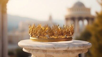 Golden Greek wreath in close-up. Antique blurred background
