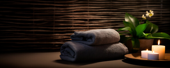 A serene spa atmosphere with softly lit candles, rolled dark towels