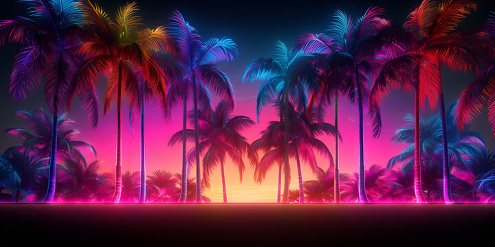 Retro vintage 80s 90s electronic cyberpunk retro wave synthase vaporwave landscape nature. Tropical beach palms landscape.AI Generative - Powered by Adobe