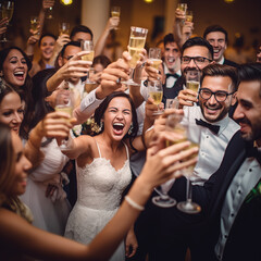 wedding celebration party with bride and groom with their friends