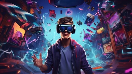 Young man playing a virtual reality video game. an in VR glasses. - obrazy, fototapety, plakaty