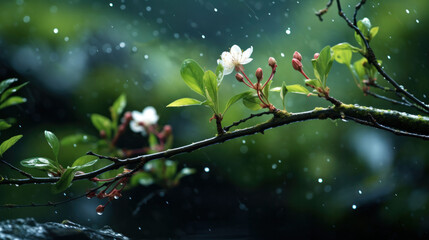 A branch with budding flowers captures the essence of Dewy Spring Mornings, complemented by a blurred green background.