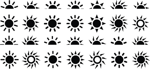 Sun icons vector symbol set. black suns star icons collection. Summer, sunlight, nature, sky sunset and sunrise, half sun