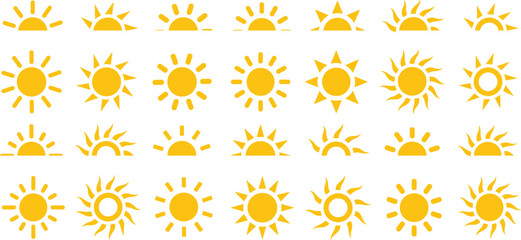 Sun icons vector symbol set. Yellow suns star icons collection. Summer, sunlight, nature, sky sunset and sunrise, half sun