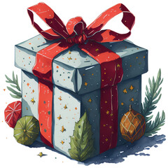 Watercolor Christmas Gift with Red Bow