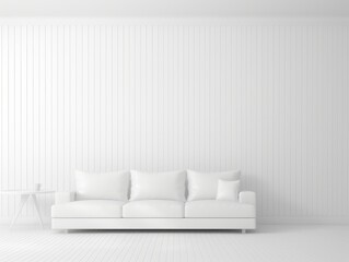 Fototapeta na wymiar Explore Serenity: A Soothing White Wooden Interior with Stylish Sofa Generative AI