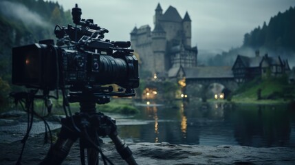 Modern film set and video camera. The scenery of a medieval film. Filming the series. AI