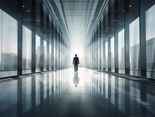 Fototapeta premium Overcoming Solitude: The Journey of a Lone Businessman in a Corporate Glass Jungle Generative AI