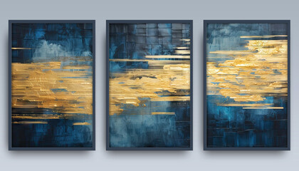 A set of three abstract paintings with gold and blue colors in style grunge. - obrazy, fototapety, plakaty