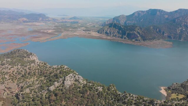 panoramic drone view of river valley and Dalyan resort Mugla Turkey.