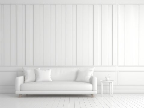 Discover Serenity: Luxurious White Wooden Indoor Space with Elegant Sofa Design Generative AI
