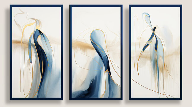 Set abstract painted artwork with blue and gold colors