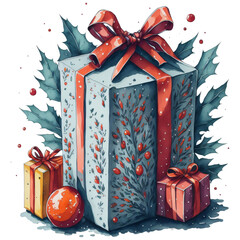 Watercolor Christmas Gift with Red Bow