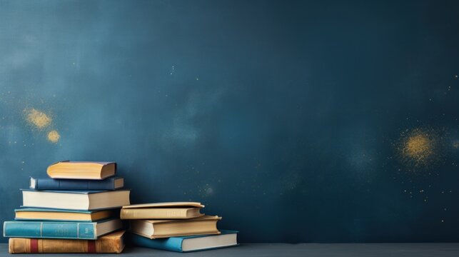  a stack of books sitting on top of each other in front of a blue wall with gold flecks.