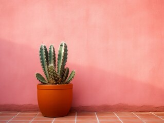 Explore Minimalist Style: Pink Wall Backdrop with Unique Cactus Planting Generative AI