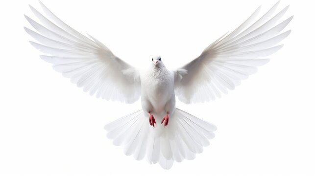 A free flying white dove isolated on a white background. AI