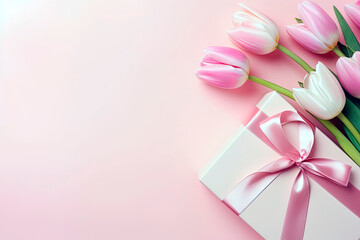 A bouquet of pink tulips and a gift box on a pink background, generative AI background template with copy space 