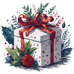 Watercolor Christmas Gift with Red Bow
