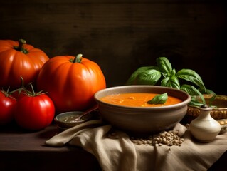 Delectable Red Pumpkin Soup with Tomato & Basil - Perfect for Comforting Dinner! Generative AI