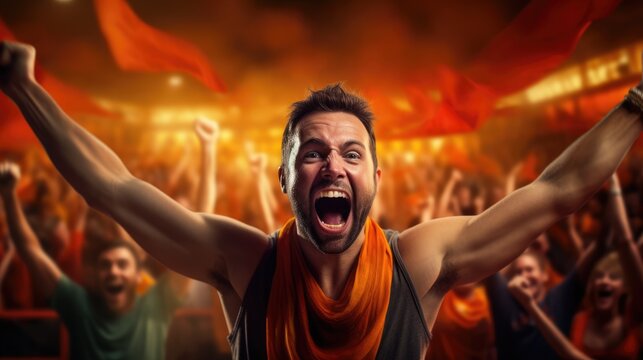 Fan celebrate in stadium. Basketball or soccer fan celebrates victory AI