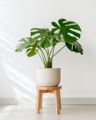 Exquisite Potted Plant Majesty: A Showstopper On a Wooden Stool Generative AI