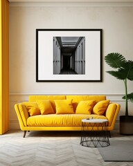 Unveiling Sunshine Comfort: Explore This Elegant Room Featuring a Yellow Couch and Classy Framed Art Generative AI
