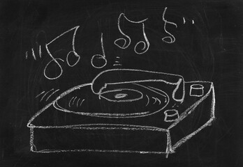 Icon old gramophone, hand draw chalk on chalkboard, blackboard texture