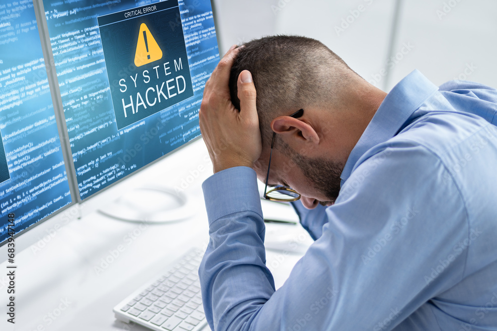 Poster ransomware malware attack. business computer hacked