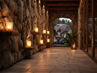 Explore the Mysterious Elegance: Stone Wall Hallway Illuminated by Vintage Candles Generative AI