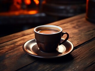 Fototapeta premium Mesmerizing Mystery: The Story behind the Solitary Cup of Coffee on a Dark Wooden Surface Generative AI