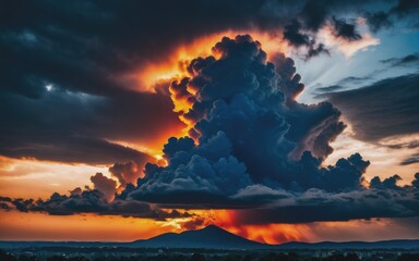 Fiery red blood vampire dawn. amazing warm dramatic fire blue dark cloudy sky. orange sunlight. atmospheric background of sunrise in overcast weather. hard cloudiness. storm clouds warning. copyspace