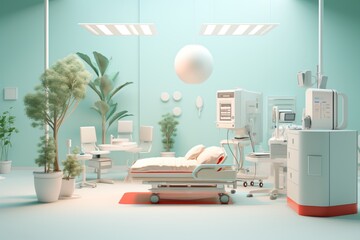 3d cartoon illustration of a hospital room with bed, machines, and equipment for diagnosis and treatment - obrazy, fototapety, plakaty