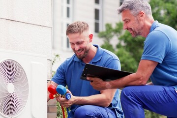 Experienced Technician Repairing Air Conditioning System - obrazy, fototapety, plakaty