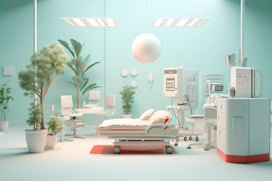 3d cartoon illustration of a hospital room with bed, machines, and equipment for diagnosis and treatment