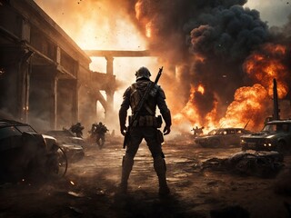 Military soldier squad battle scene, action shooter battle game cover with smoke, dust and explosions