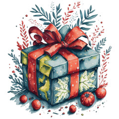 Watercolor Christmas Gift with Red Bow