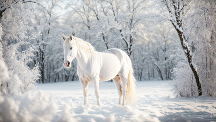 Beautiful white horse in a snowy park