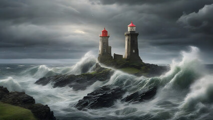 Storm in Iceland rocks with grass lighthouse and waves