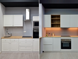 Fototapeta premium Before And After Of Modern Kitchen Apartment Room