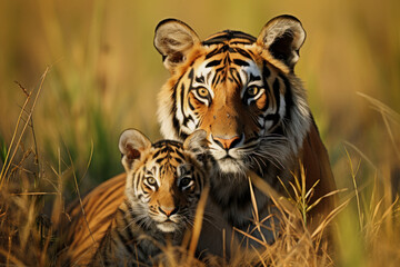 tigress with a tiger cub in the wild nature of the savannah illuminated by the setting sun