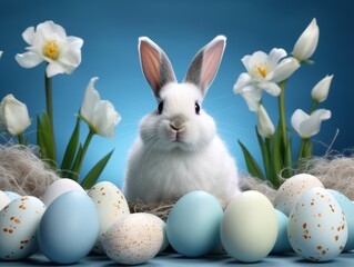 Naklejka na ściany i meble Unveiling the Joy of Easter: Captivating White Bunny Among Vibrant Easter Eggs Generative AI