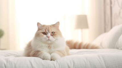 cute domestic cat sit on the humans bed, look at the camera, concept of relaxed and cozy wellbeing